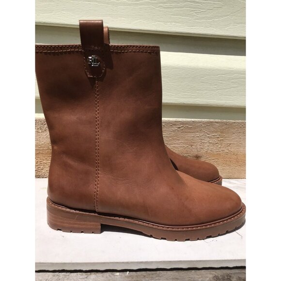 Ralph Lauren Evelynn Brown Short Slip On Logo Leather Boots Women's 8 39 - Picture 4 of 13